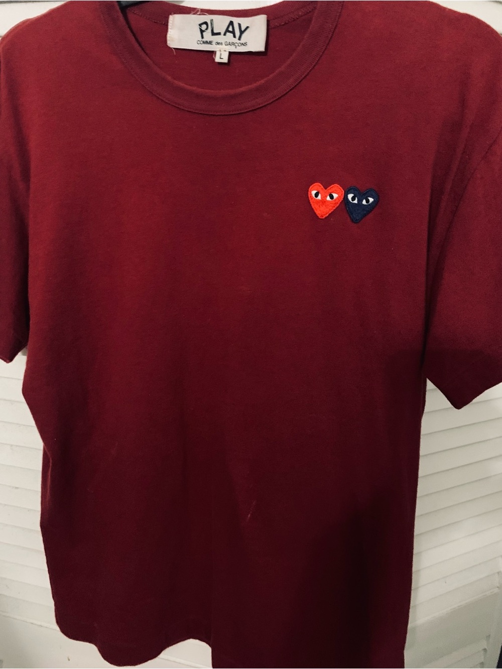 Mens Comme des Garçons PLAY Red Tee with Dual Heart Patches L